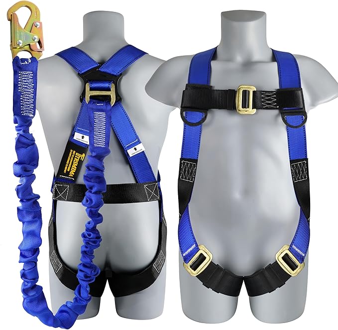 TRSMIMA Safety Harness Fall Protection - Full Body Construction Roofing Harness Kit Attached 6 ft Lanyard ANSI