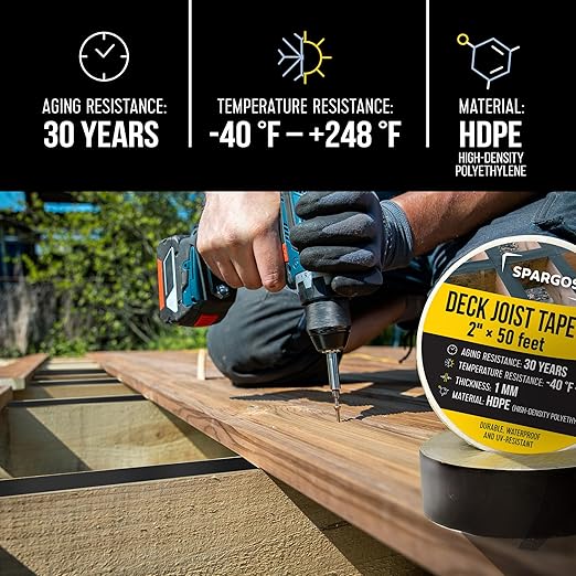 Deck Joist Tape for Decking, 2 inch x 50 Feet Roll, 8-Pack – Self-Adhesive Butyl Waterproof Flashing Tape, Protects Deck Beams from Rot and Decay, Easy-to-Apply