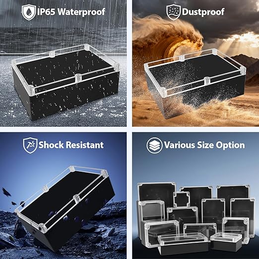 LeMotech Electrical Box Clear Cover Project Box IP65 Waterproof Junction Box ABS Plastic Case Universal Enclosure for Electronics, Black 11.4"x 8.2"x 3.9"(290x210x100mm)(Pack of 1)