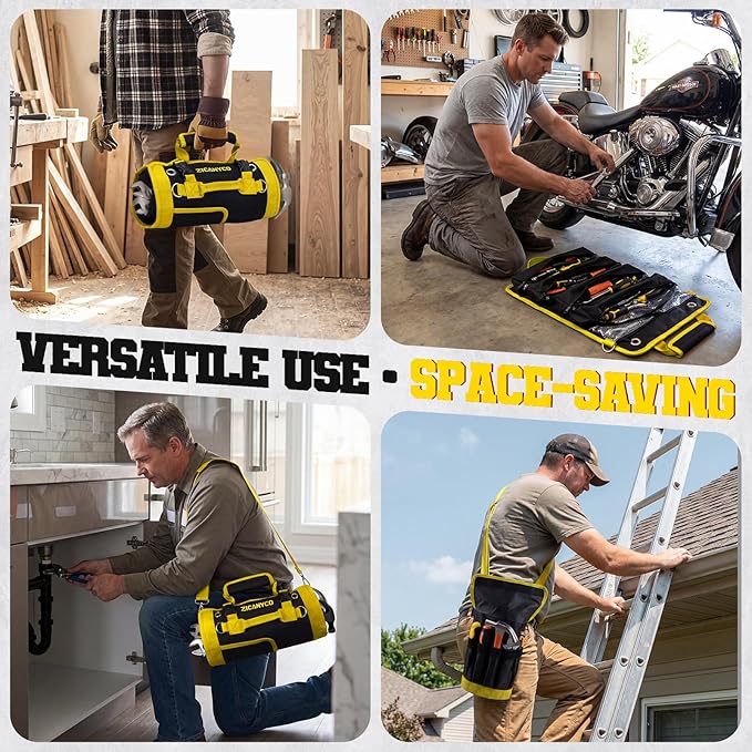 Roll Up Tool Bag, Heavy Duty See-Through Tool Roll Organizer with 2 Detachable Pouches, Portable Mechanic & Motorcycle Tool Bag, Birthday & Father’s Day Gift, Yellow