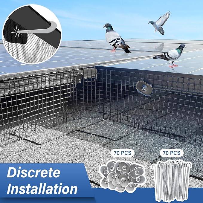 Solar Panel Bird Guard,6in x 100ft Critter Guard Roll Kit for Roof Protection Net Wire Screen,Rust-Proof Black PVC Coated Galvanized Net Pigeon Mesh with 70 Fastener Clips for Bird,Animal Control