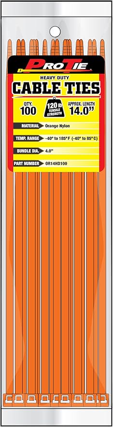 Pro Tie Heavy Duty Cable Ties, Self-Locking Nylon Cable Wire Ties for Indoor and Outdoor Use | 14.5-Inch, 120 lbs. Tensile Strength, Orange Nylon, 100-Pack (PN: OR14HD100)