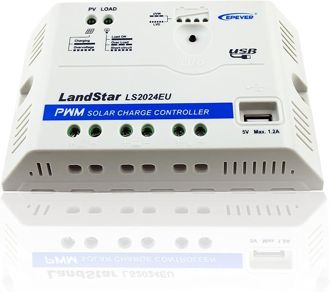 EPEVER Solar Charge Controller 20A 12V/24V Auto Work LS2024EU with USB Port 5V/1.2A Output LED Indicator for Off Grid Solar Panel Battery Charging System (LS2024EU)