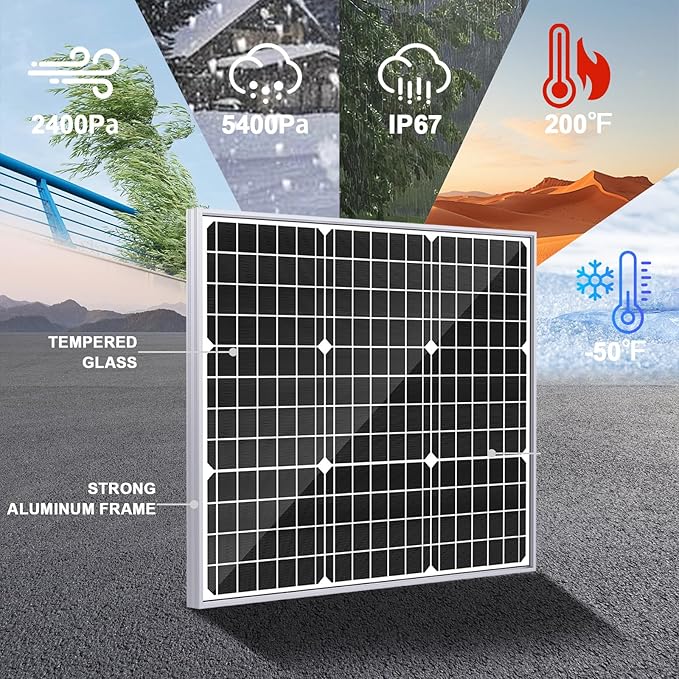 SOLPERK Solar Panel Kit 50W 12V, Waterproof Solar Battery Trickle Charger Maintainer + Smart MPPT Controller + Adjustable Mount Bracket for Boat Car RV Motorcycle(Without Mounting Bracket)