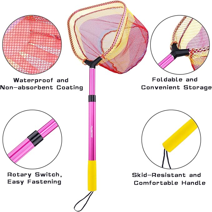 PLUSINNO Kids Fishing Net, Telescopic Lightweight Landing Net with Aluminum Pole Handle and Nylon Mesh, Catch and Release Butterfly Net for Kids Youth Outdoor