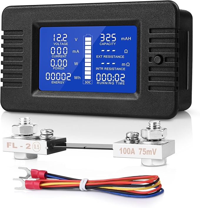 DC Multifunction Battery Monitor Meter, 0-200V 0-100A LCD Display Digital Current Multimeter Voltmeter Ammeter for Cars Rv Solar System