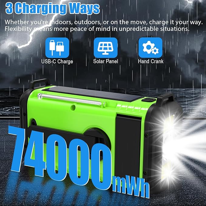 AM FM NOAA Portable Emergency Radio，USB-C/Solar/Hand Crank Charging, Strong Reception & Sound, Large Dial Easy to Use,Alert, Flashlight, Reading Lamp, Cell Phone Charger and SOS Siren