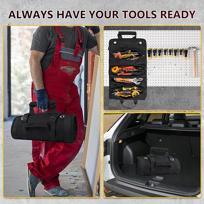 Tool Bag, Tool Bags for Men, Heavy Duty Tool Organizer, Portable Roll Up Tool Bag Gifts For Him, Mechanic, Electrician and Hobbyist, Car Tool Roll Organizer - Black