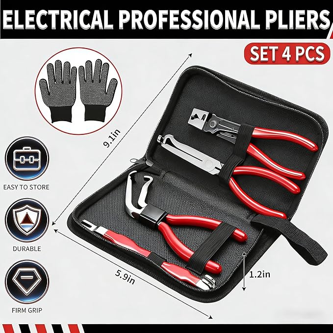 5-Pcs Kit Electrical Disconnect Pliers Set w/Gloves - Auto Connector Tool for Fuel Line, Wiring, Sensors & Coils | Quick-Release Car Truck Repair (Red)