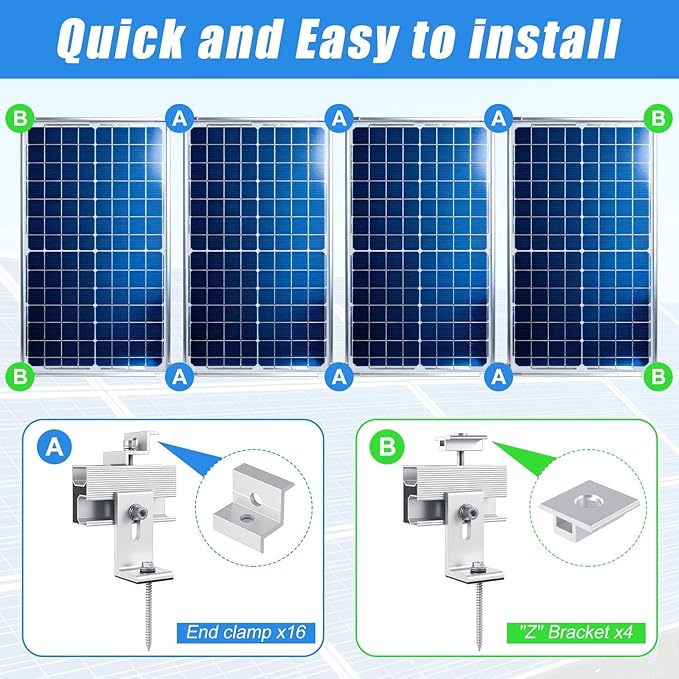 10 Pcs Solar Panel Mounting Brackets Kit for 1-4 Pieces Adjustable Aluminum Alloy Mounting Stand Support Photovoltaic Flat Pitched Roof Bracket for Slate, Tile, Cement, Wooden, Tin Roof