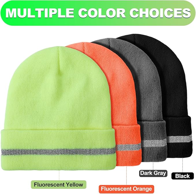 Suhine 4 Pack Men Hi Vis Winter Safety Hats Fleece Lined High Visibility Beanies with Reflective Stripes Hats for Outdoor