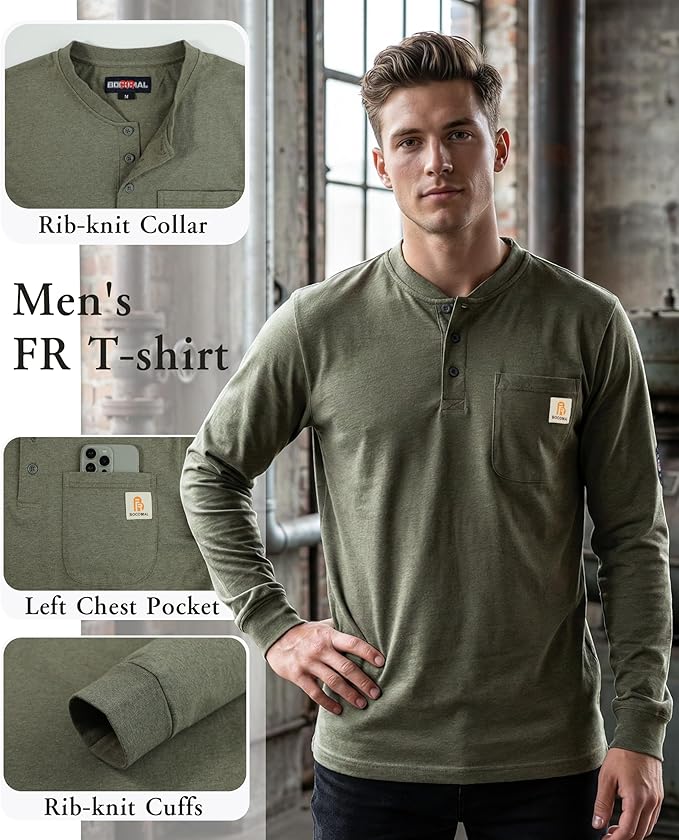 BOCOMAL FR Shirts Flame Resistant Shirt 5.5oz 100% Cotton Light Weight CAT2 Fire Retardant Henley Shirts