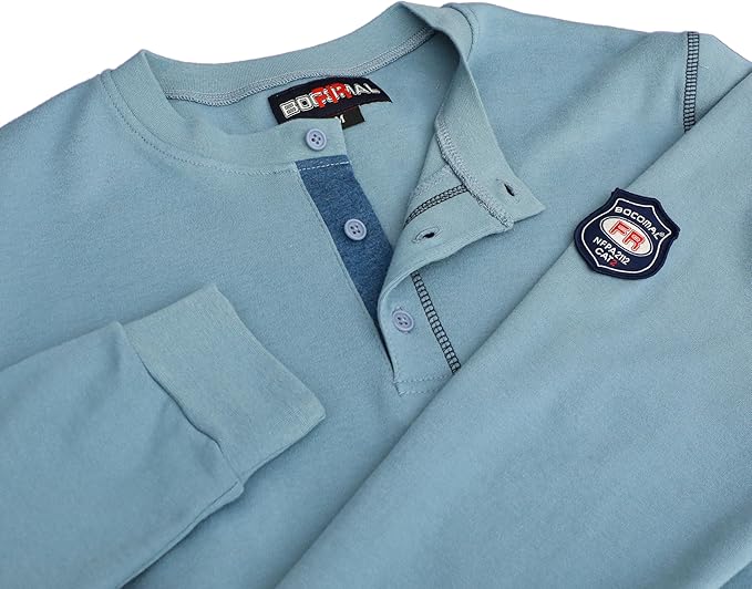 BOCOMAL FR Shirts Flame Resistant Henley Shirt NFPA2112/CAT2 7oz Men's Long Sleeve Fire Retardant Clothing