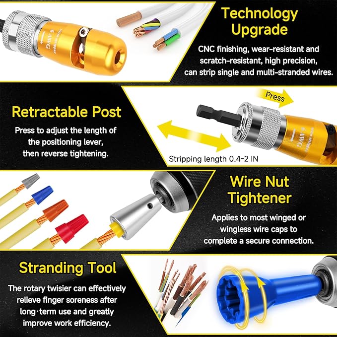Makerfire Wire Stripper for Drill (US Regulations 14-12-10-8-6 AWG), Wire Twister tool for Drill, Drill Wire Stripper and Twister kit, Professional Electrician Tools Set(15pcs)