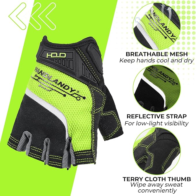 HANDLANDY Fingerless Work Gloves for Men Utility Padded Half Finger Driving Working Gloves (Small, Green)