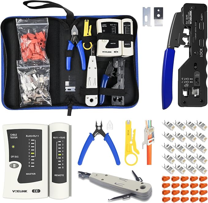 VCELINK RJ45 Crimp Tool, All-In-One Ethernet Pass Through Crimper for CAT7 CAT6A CAT6 CAT5e CAT5 Ethernet Connectors by Screw Adjustment (Kit-with Punch down Tool)