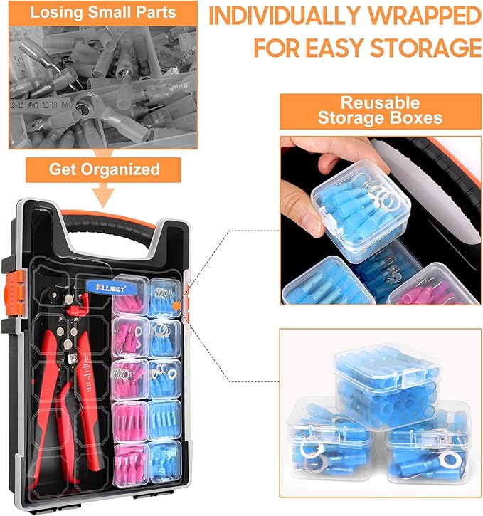 Kuject Crimping Tool Kit, 340 PCS Heat Shrink Wire Connectors(AWG22–10), 3-in-1 Adjustable Wire Stripper and Wire Crimper Kit for Automotive, Marine, and Electrical Repairs