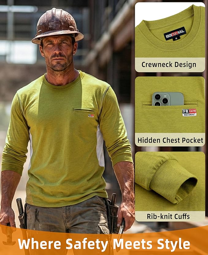 BOCOMAL FR Shirts for Summer Breathable Vented Design 6oz Heather Jersey Flame Resistant Long Sleeve Crew T Shirt
