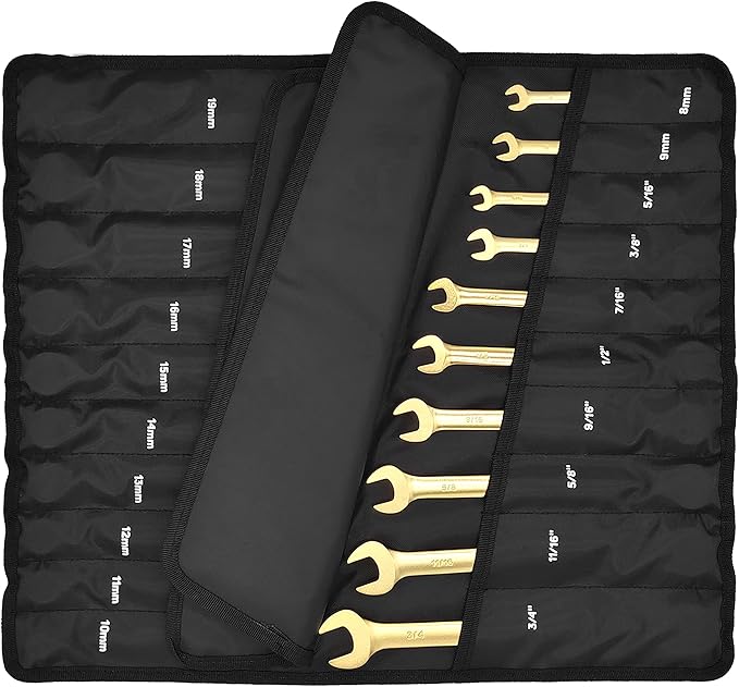 STARWORK 20 Pc. 6-Point SAE, Metric 15° Offset Vintage G-Plating Reversible Non-Slip Long Pattern Ratcheting Combination Wrench Set (5/16" -3/4" & 8-19 mm)