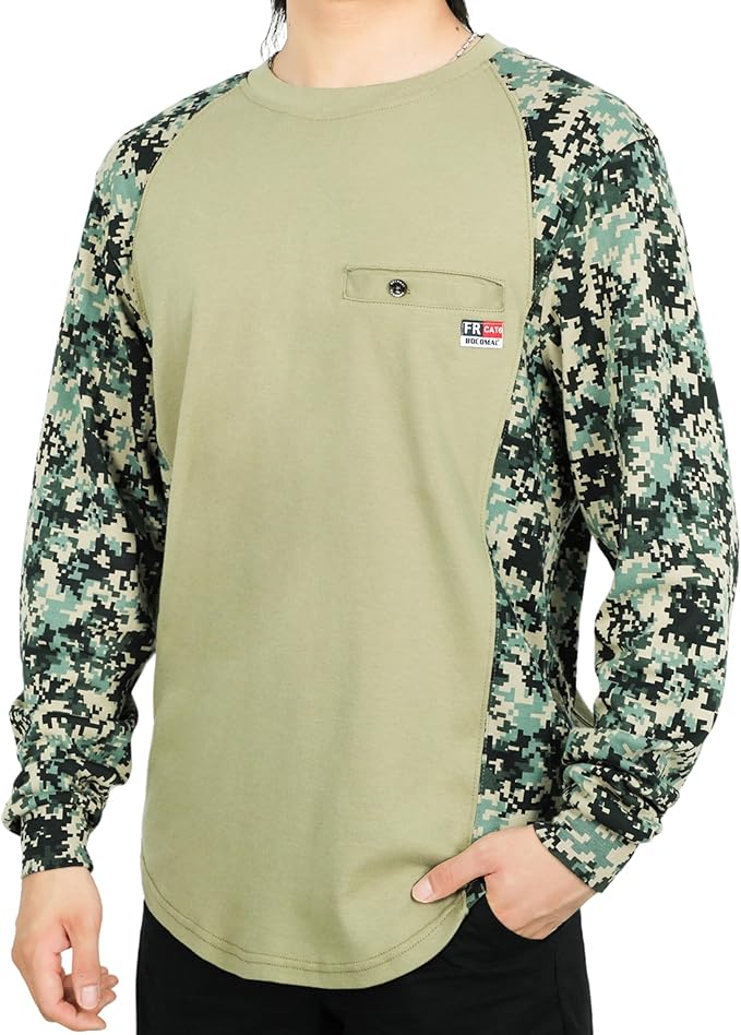 BOCOMAL FR Shirts Crewneck 5.5oz Lightweight Cotton Paisley Camo Two-Tone Flame Resistant Long Sleeve CAT2 Work Shirt