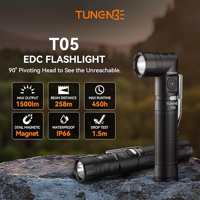 T05 EDC Tactical Flashlight Rechargeable, 1500 High Lumen 90 Degree Work Light with Magnet, 6 Mode Super Bright Small LED Flashlight for Work Maintenance, Outdoor, and Emergency Situations