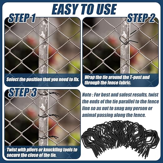 Hicarer 100 Pcs T Post Clips Metal Wire Fence Clips Galvanized Steel Tie Ez Twist Preformed Fencing Clip 11 Gauge Fence Ties for T-Posts/u-Posts (Black)