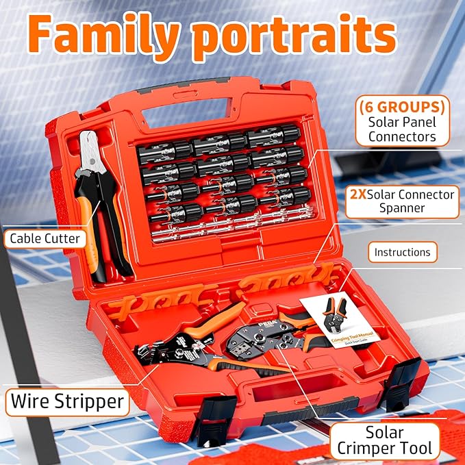 PEBA Solar Crimping Tool - Solar Crimper for AWG16/14/12/10 Solar PV Wire, with 12 Pcs Connectors, Wire Stripper, Cable Cutter, Connector Spanner Wrench, Complete Solar Assembly Tool Box