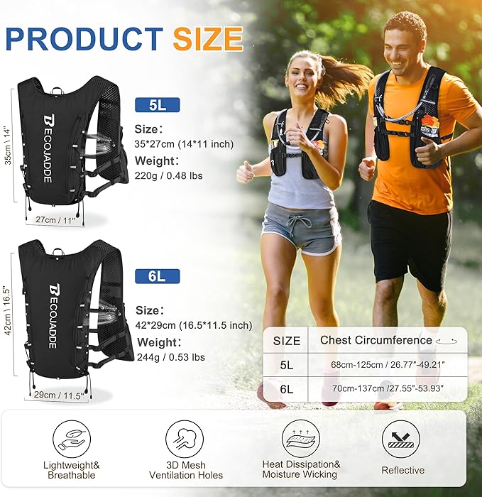 Running Vest Hydration Backpack for Men Women, 5L Lightweight Running Backpack Hydration Pack for Marathon, Trail, Cycling, Hiking, Jogging