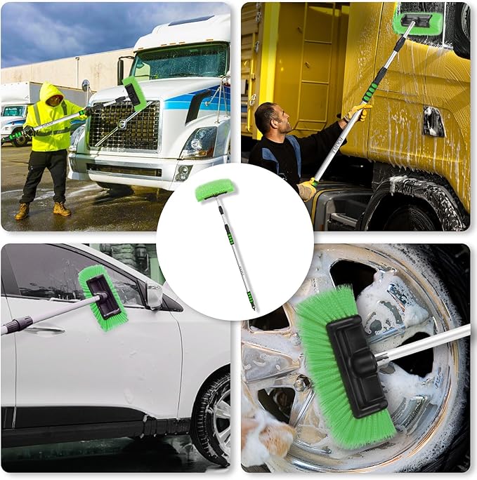 11' Car Wash Brush with Long Handle, 12-inch Flow-Thru Soft Bristle Car Cleaning Brush with Extendable Handle and Hose Attachment for Car, RV, SUV, Truck, Boat, House Siding, Solar Panels,Green