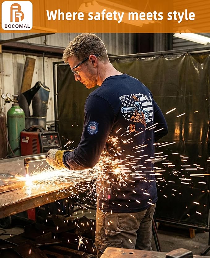 BOCOMAL FR Shirts Henley 7oz Midweight Fire Resistant Clothing NFPA2112 CAT2 Men's Flame Retardant Work Shirt
