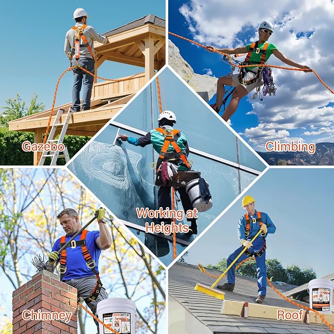 Safety Harness Fall Protection Kit - Roofing Harnesses 50ft Safety Rope Lanyard Kit 5 Gallon Bucket Kit Roof Top Anchor Construction Work 20pcs Nails Included