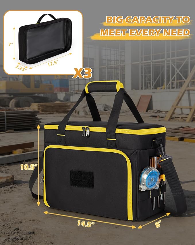 2 Layers Tool Bag with 3 Clear Window Removable Cases, Heavy Duty Tool Tote with Molle Webbing and Detachable Shoulder Strap, Black/Yellow