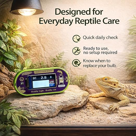 Reptile UVI Light Meter – Portable UV Index Reader for Basking Spot Monitoring – Helps Reptile Owners Know When to Replace UV Lamps – for Bearded Dragon, Chameleon & Gecko – Battery Included