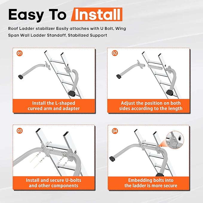 Aluminum Ladder Stabilizer Accessory for Roof Gutters with Wrench, Heavy Duty Extension Ladder Accessory, Wing Spread Wall Ladder Support/Wall Ladder Hook with Non-Slip Rubber Backing Pad