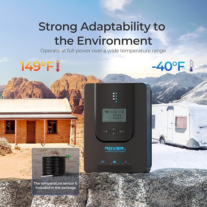 Rover 12V/24V 30A Charge Controller with MPPT- DC Input Solar Controller for RV/Marine, Auto Parameter Adjustable LCD Display Solar Panel Regulator fit for Gel Sealed Flooded and Lithium Battery