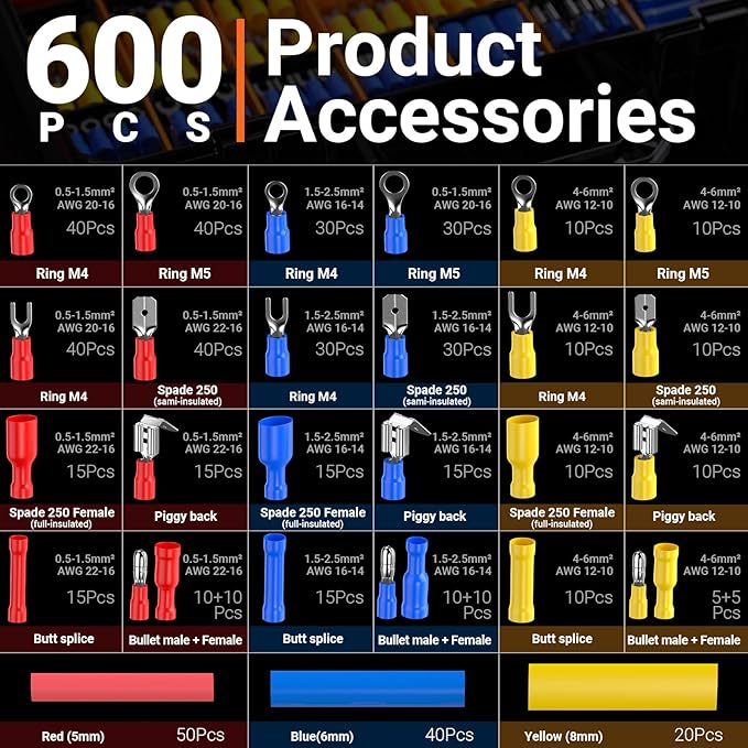 Preciva Crimping Tool with 490PCS Insulated Terminals and 110 Heat Shrink Tubes, AWG 20-10 Ratchet Crimping Pliers with Storage Case for Car, Electric