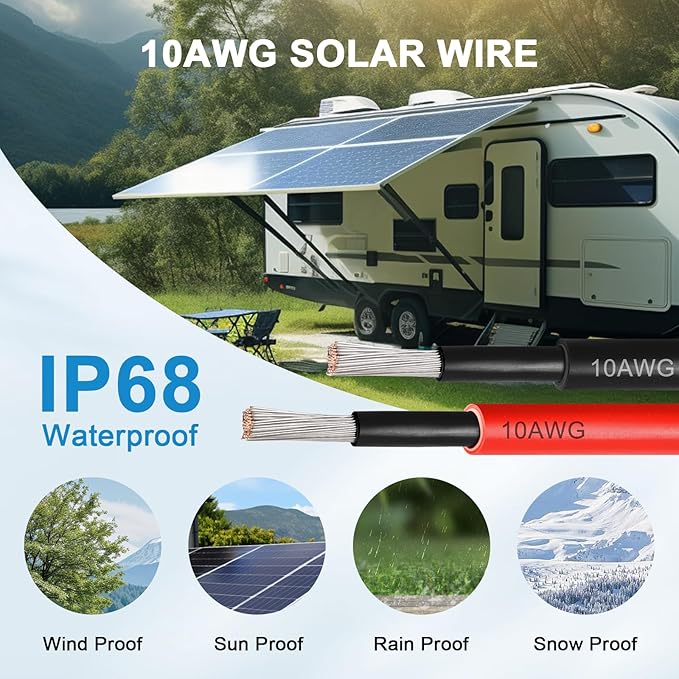 10AWG Solar Extension Panel Cable - 5FT Solar Wire with Waterproof Female and Male Connector and Solar Panel Adaptor Kit Tool PV Wire for RV, Home, Boat, Solar Panels(5Feet Red + 5Feet Black)