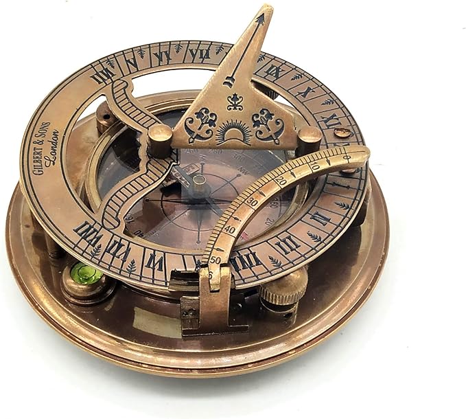 Antique Brass & Copper Sundial Compass – A Unique Gift of Elegance with Sundial Clock, Ship Replica Watch, and Presentation Box