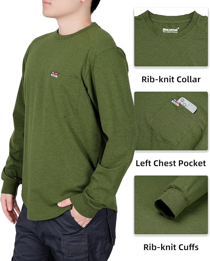 BOCOMAL Men's FR Shirts Long Sleeve Crewneck EX Soft Heather Series 6oz Midweight Flame Resistant Work T Shirt CAT2
