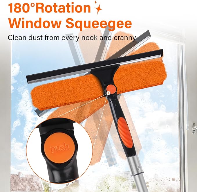 14" Window Squeegee with Extension Pole,26FT Reach High Window Washers for High Outside Windows,Professional Window Cleaning Tool Kit Include Replacement,180°Rotatable Squeegee for Indoor/Outdoor