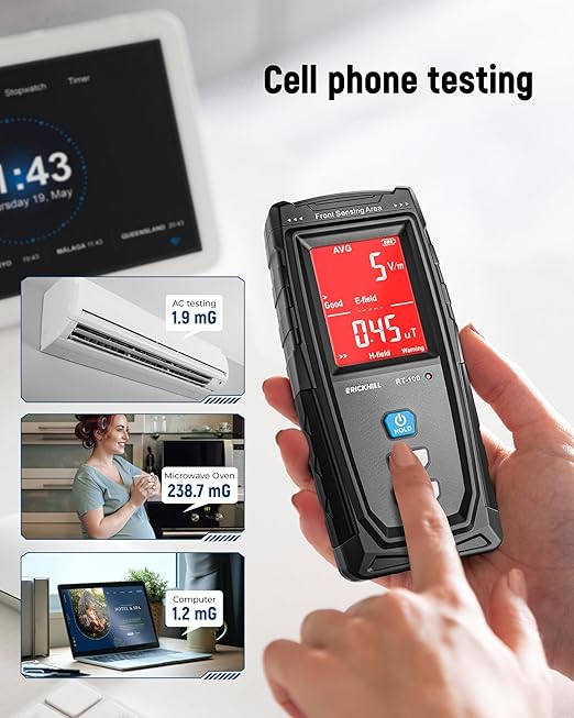 ERICKHILL EMF Meter, Detects Electric and Magnetic Fields, Handheld Digital EMF Detector with LCD Display, Sound-Light Alarm, Rechargeable Battery for Home, Office, and Appliances (Blue)
