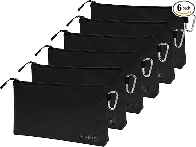 COREFLEX Premium Tool Pouch Zipper Bag, Small Tool Bag, Multipurpose Storage pouch, Heavy duty Flat Bottom Tool bag with YKK Zipper (6 pack Large 12inch Black)