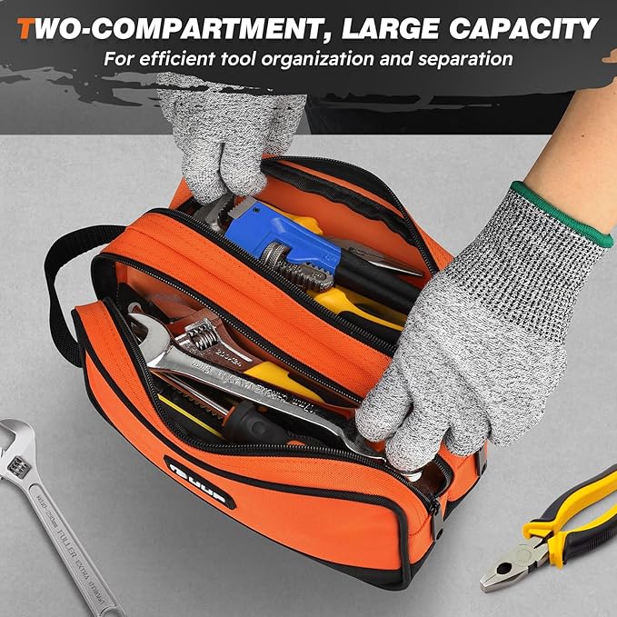 10 Inch Small Tool Bag, Zipper Tool Pouch Two Compartments Heavy Duty, Utility ToolBag with Carrying Handle, Tools Storage Organizer for Electrician Mechanic, Gift for Men Dad,Orange