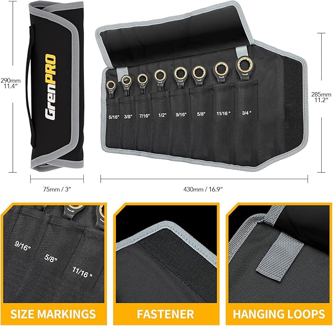 Ratchet Wrenches Set, Ratcheting Wrench Set, 9PC Sae 5/16 to 3/4 72Th Long Box Open End Ratchet Wrench Organizer With Color Ring With Roll Up Pouch With Gauge, Big Combination Wrench Tool Sets