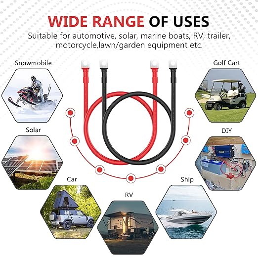VOLTWORKS 4 AWG Gauge Red + Black Pure Copper Battery Inverter Cables Solar, RV, Car, Boat 4ft 3/8 in Lugs