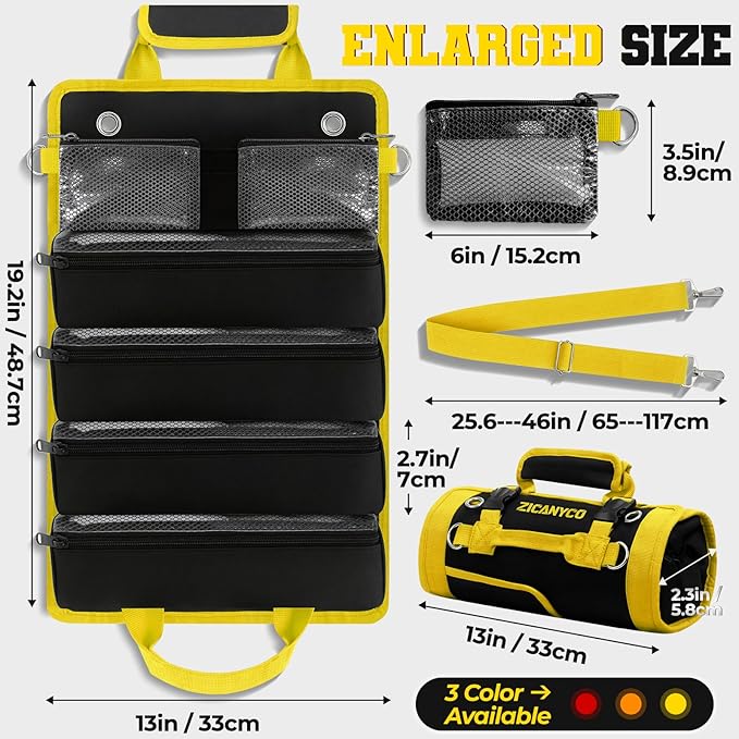 Roll Up Tool Bag, Heavy Duty See-Through Tool Roll Organizer with 2 Detachable Pouches, Portable Mechanic & Motorcycle Tool Bag, Birthday & Father’s Day Gift, Yellow