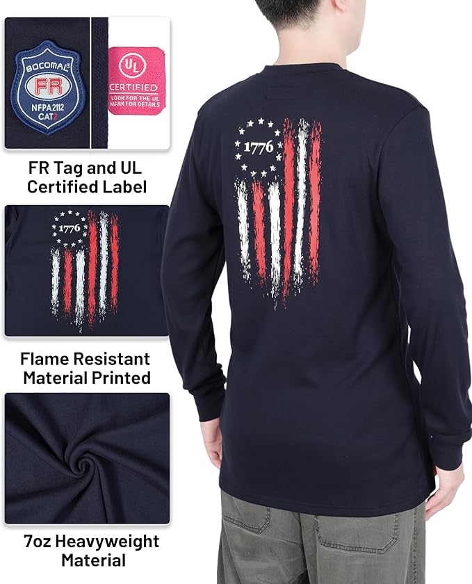 BOCOMAL FR Shirts Henley 7oz Midweight Fire Resistant Clothing NFPA2112 CAT2 Men's Flame Retardant Work Shirt