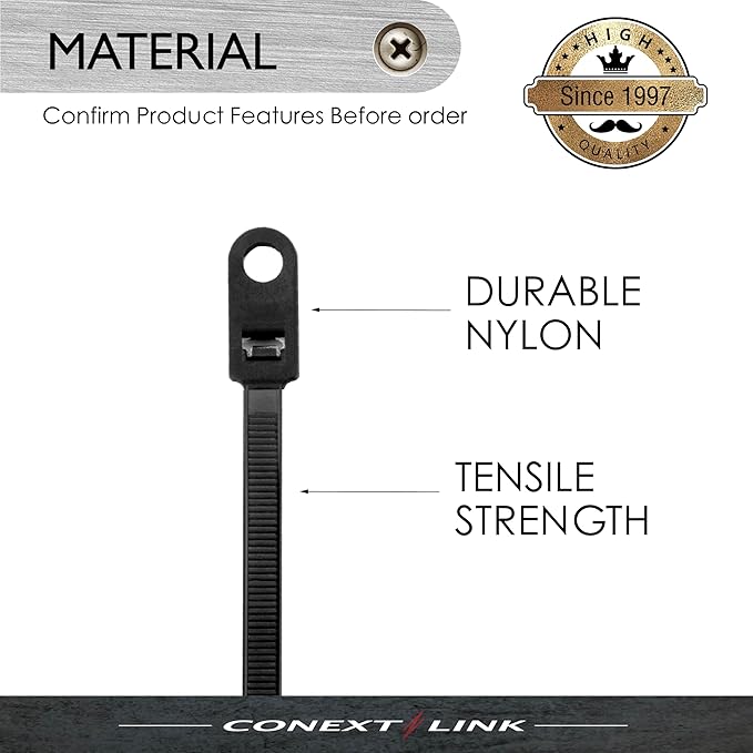 Conext Link 100 Nylon Cable Wire Zip Ties Mounting Hole Nail Screw 50 LBS 8" Inch Black