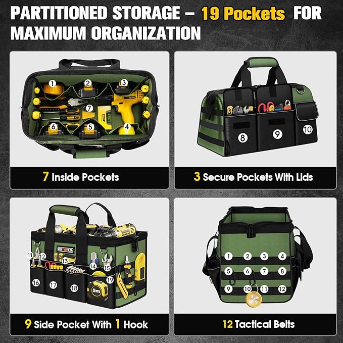 16-Inch Heavy Duty Tool Bag, 19-Pockets Tool Box Organizer, Portable Toolbag W/Soft Handle for Organized Storage, Mechanic Gifts for Men Dad Husband Fathers Day, Wide Mouth Electrician Toolbox, Green