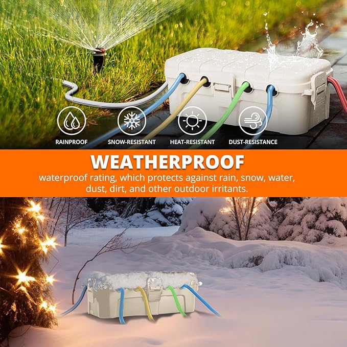 QUOBAS Outdoor Waterproof Electrical Box with 6 Cable Ports, IP54 Weatherproof Heavy-Duty Extension Cord Cover for Power Strips, Garden Power Tools, Holiday Lights, Almond